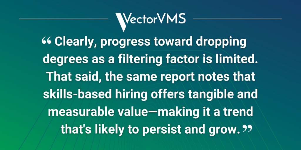 Pull quote: "Clearly, progress toward dropping degrees as a filtering factor is limited. That said, the same report notes that skills-based hiring offers tangible and measurable value—making it a trend that's likely to persist and grow."